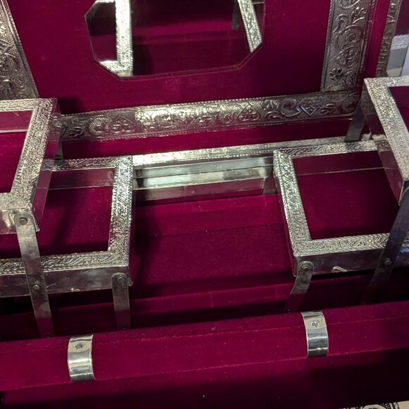 Ornate Etched Wooden Pull Out Silver Tone Wooden Tiered Organizer Jewelry Box - Picture 2 of 7